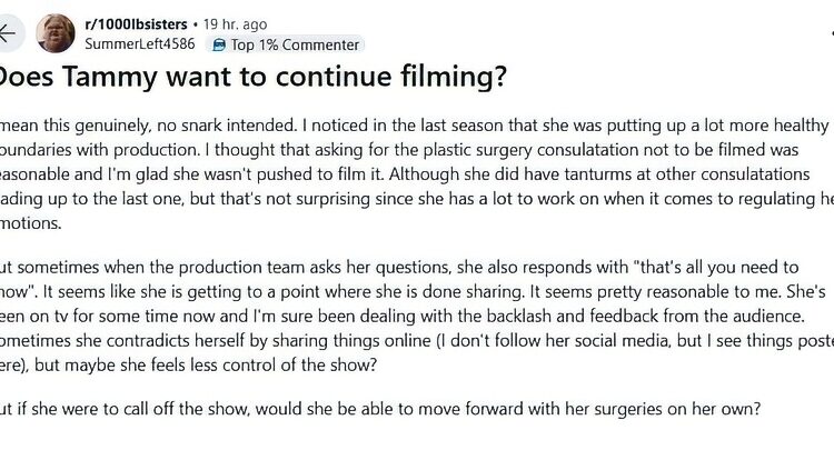 Tammy Slaton Stops Filming Discussion – Reddit