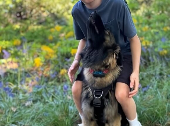 Eric pretends to ride his pup – Simon – Instagram